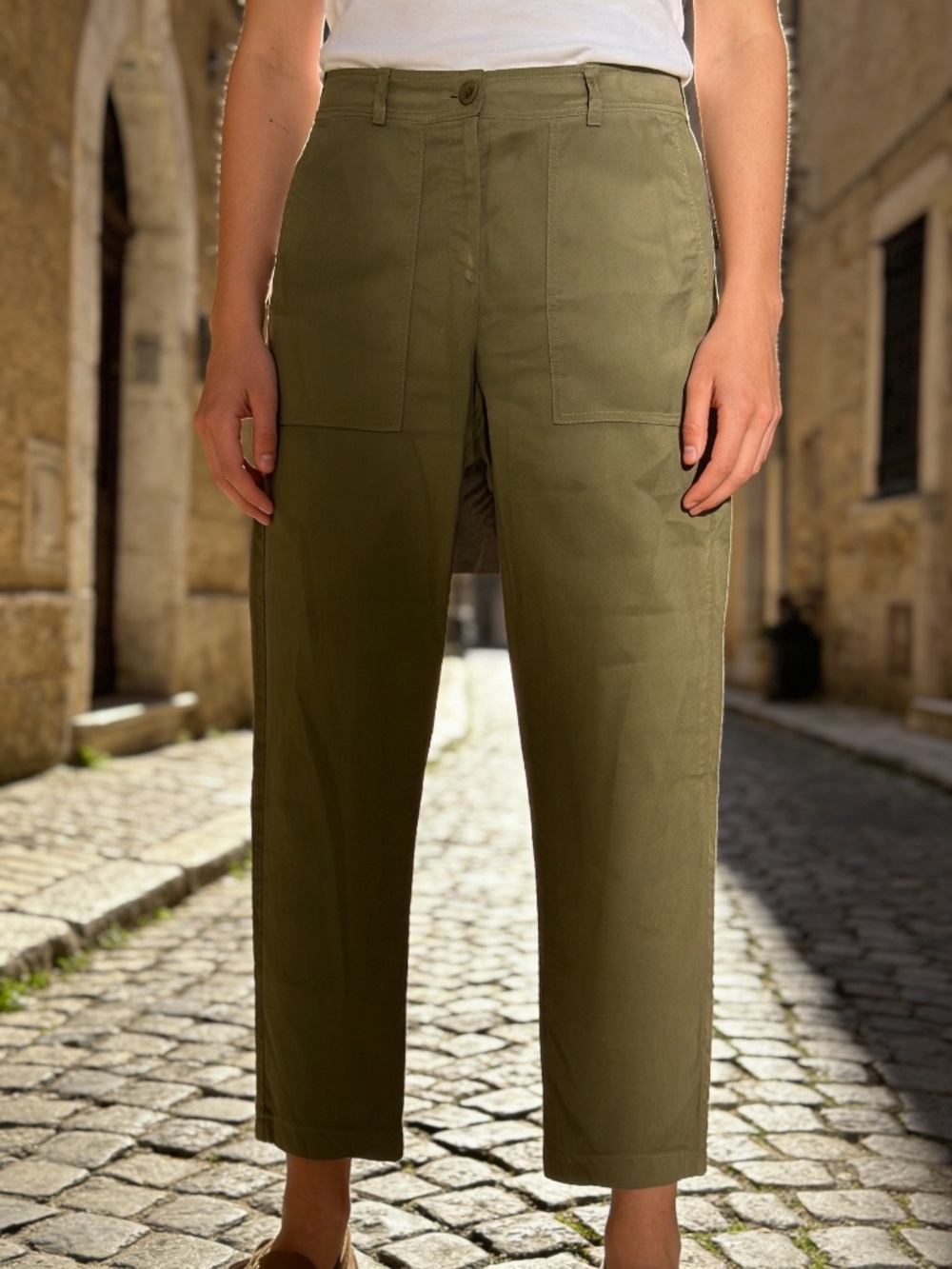 Eileen Fisher Olive Green 100% Organic Cotton Utility Ankle Pants Size 6